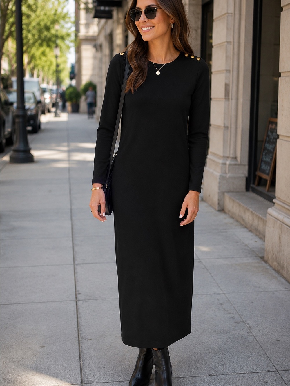 Black Long-Sleeve Maxi Dress with Gold Accent Buttons